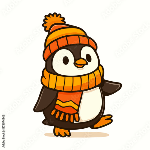 Happy cartoon penguin wearing a orange winter hat and scarf