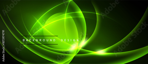 Bright green neon lines swirl over dark background. Modern design features smooth curves, creating dynamic visual effect.