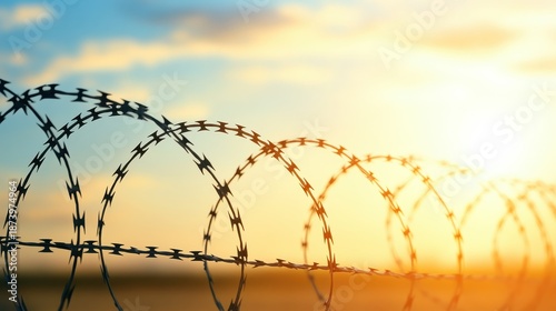 Razor wire mesh barrier stretches across a golden sunset sky forming a dense and formidable defense against the fading light