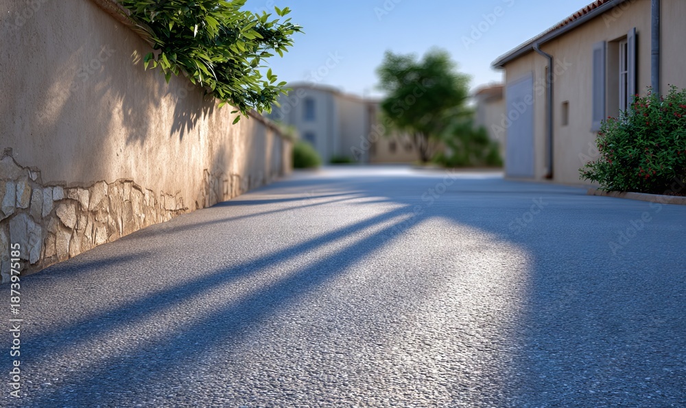 Fototapeta premium Serene Sunlit Pathway in a Quiet Village Surrounded by Charming Architecture
