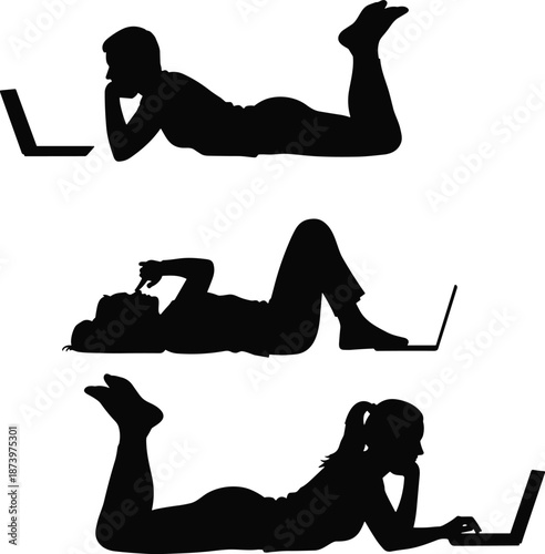 Large bundle of people silhouettes including jumping kids dancing friends and people lying down working on laptops isolated on white background for graphic design