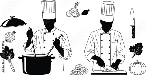 Professional chef silhouettes cooking food, kitchen preparation scene with vegetables knife pot, restaurant culinary line art illustration isolated white background