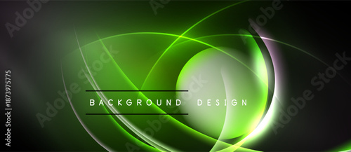 Abstract green design features flowing lines, curves. Bright glow creates dynamic visual effect. Dark background enhances luminosity.