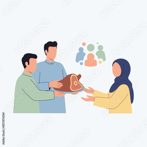 People Sharing Qurban Meat Flat Illustration