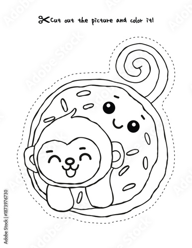 Happy Little Monkey Hugging a Giant Frosted Donut