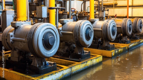Row of industrial pumps designed for powerful water removal in a manufacturing facility