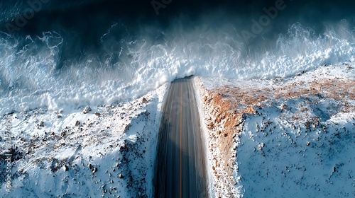 Dramatic Coastal Road with Crashing Waves and Snow ocean