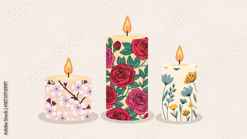Three decorative candles with floral patterns and soft warm lighting in a serene ambiance with relaxation and serenity and home decor and interior design