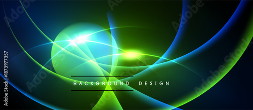 Abstract design features vibrant curves, glowing lines, bright light flares. Dark background enhances luminous effect, modern aesthetic.