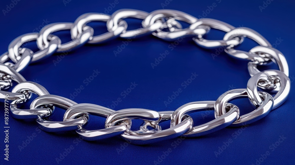 Fototapeta premium Polished stainless steel chain links forming a circular design against a vibrant blue background