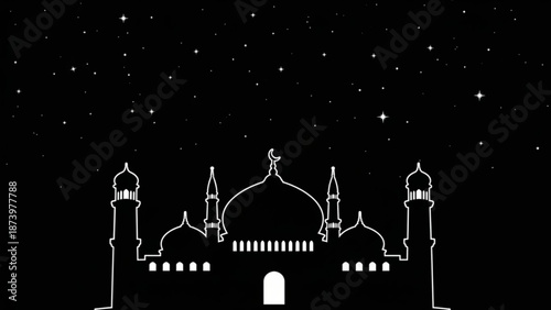 White outline of a mosque with minarets and domes against a starry night sky background with islamic architecture and spirituality and faith