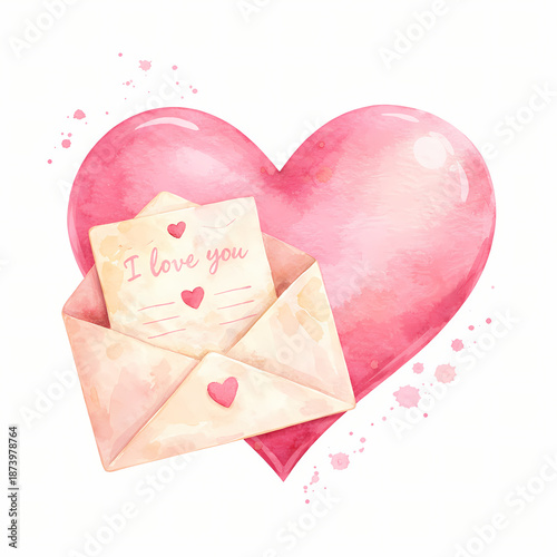 Cute teddy bear holding a pink heart sits with a large heart shape isolated on a white background.