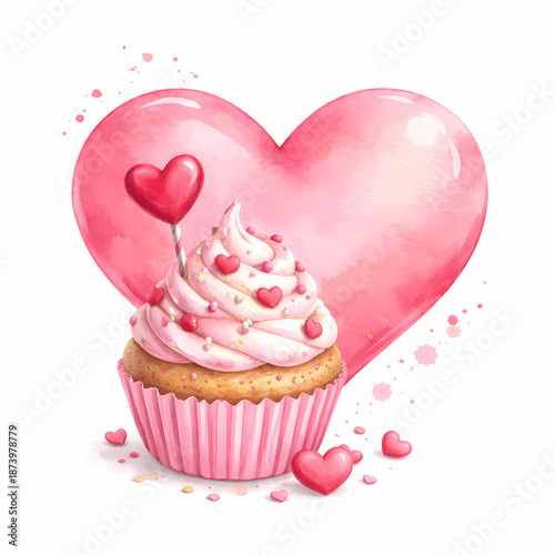 Cupcake with heart lollipop and sprinkles in soft pink lighting on white background for Valentines Day celebration.