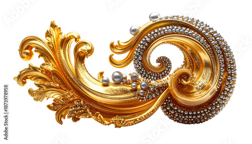 Intricate golden scrollwork embellished with pearls and sparkling gems