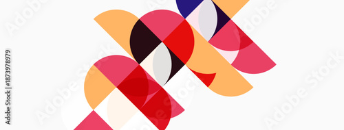 Abstract geometric shapes overlap, creating vibrant color patterns. Composition features circles, segments, warm tones, cool hues.