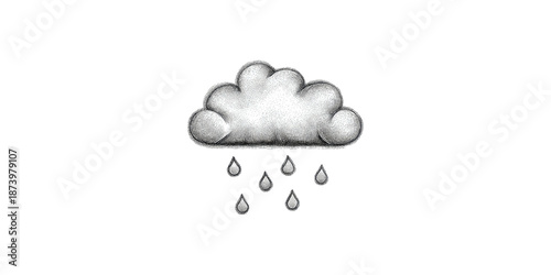 Monochrome illustration of a cloud releasing raindrops. Weather symbol depicted on a black background