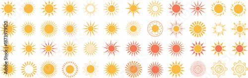 Sun icon set, flat vector solar symbols, summer weather collection, minimal yellow orange sunshine design icons for web app ui