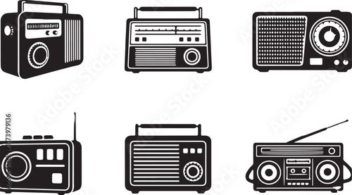 Black and white vector set of 6 vintage radio illustrations showcasing classic audio technology designs