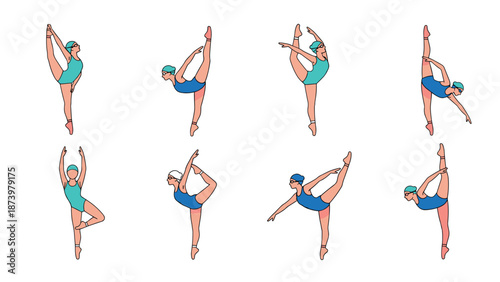 Diverse female athletes in dynamic gymnastics poses set against a clean white background