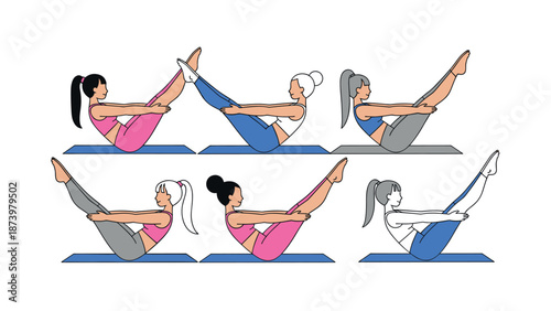 Women practicing pilates boat pose in flat style on yoga mats