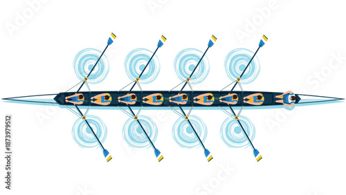 Flat design rowing team in synchronization from overhead view with oars creating water ripples