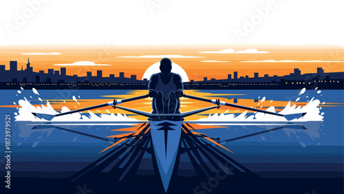 Silhouette of rowing athlete at sunset with cityscape reflection in water