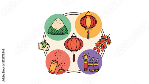 Festive chinese new year elements with lanterns and firecrackers in colorful circles