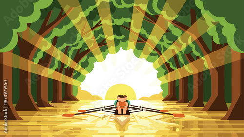 Couple rowing canoe at sunrise in vibrant forest tunnel illustration