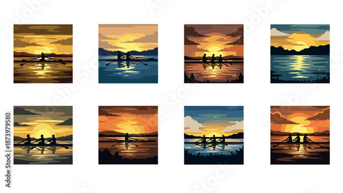 Colorful abstract sunset canoe silhouettes over reflective water scenes