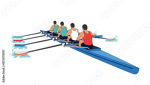 Team rowing in synchrony on calm waters in colorful style