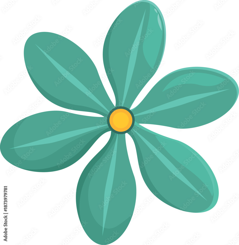 Naklejka premium Cartoon turquoise exotic flower blooming with yellow center and six petals isolated on white background