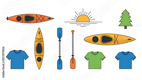 Adventure essentials: kayaking and camping gear with nature elements in minimalist style