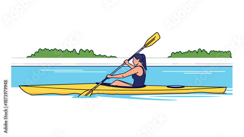 Woman paddling kayak on serene lake in flat design with vibrant colors