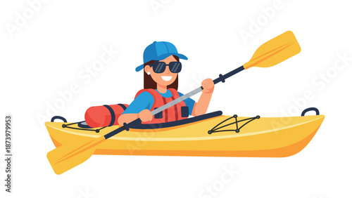 Adventurous woman kayaking in yellow kayak with paddles and camping gear