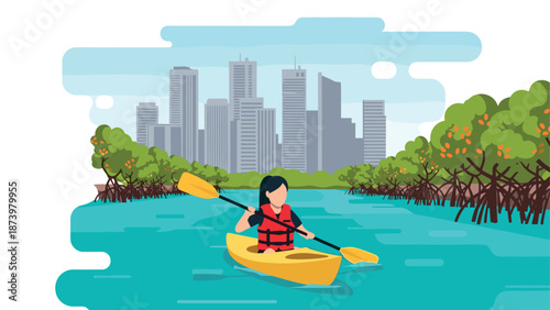 Urban kayaking adventure in nature with cityscape background