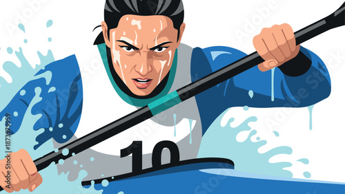 Intense kayak race moment captured with athlete paddling through water splash