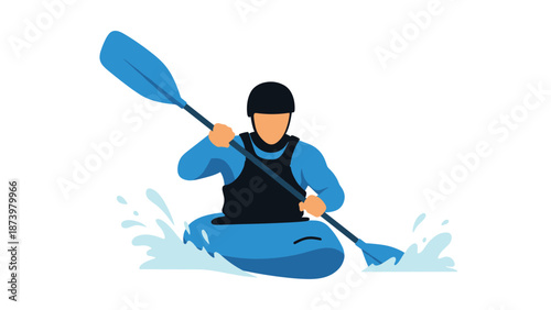 Flat design kayaker paddling in blue canoe on splashing water with minimalist style