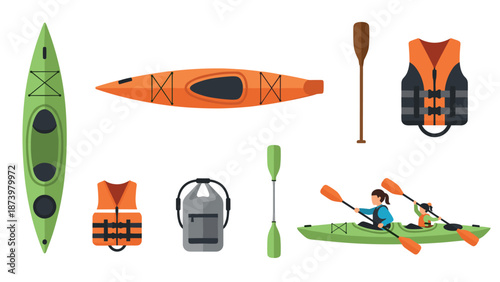 Kayaking essentials collection: kayaks, paddles, life jackets, and adventure gear