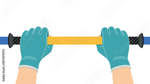 Gloved hands gripping bicycle handlebars with yellow tape on a white background