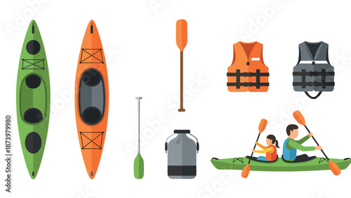 Kayaking gear and activities: colorful canoes, paddles, and life jackets in flat design