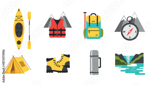 Colorful camping essentials icons: adventure gear and nature exploration