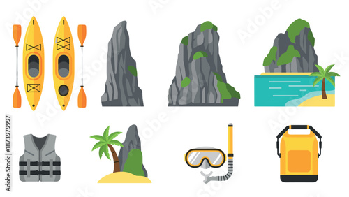 Flat style adventure icons: kayaking, snorkeling, and island exploration