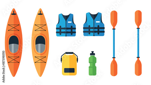 Colorful kayaking equipment set with paddles and safety gear in flat design