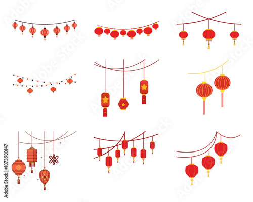 Chinese festival hanging ornament set. Vector illustration of red knots, lanterns and tassels for Lunar New Year decoration isolated on white