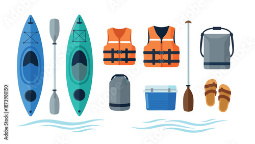 Kayaking adventure gear set with canoes, paddles, life vests, and accessories