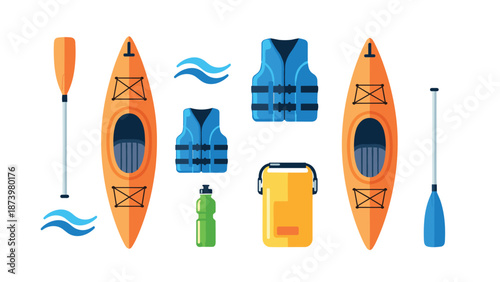 Kayaking essentials: colorful flat design of kayaks, paddles, and safety gear