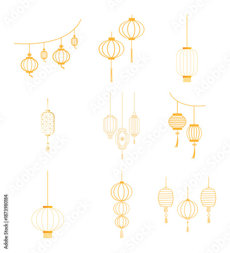 Gold oriental lantern hanging decoration set. Vector linear illustration of festival lamps for Chinese New Year holiday background design