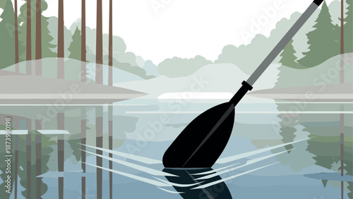 Serene canoeing adventure through misty forest lake scenery