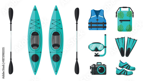 Kayaking adventure gear set featuring canoes, paddles, and snorkeling equipment in flat design