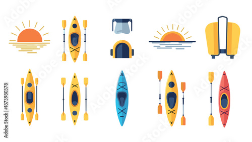 Flat style kayaking equipment set with sunrise and paddles